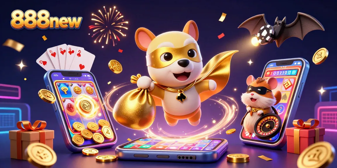 Experience thrilling gameplay with 888new: superhero dog and hamster in a vibrant casino scene.