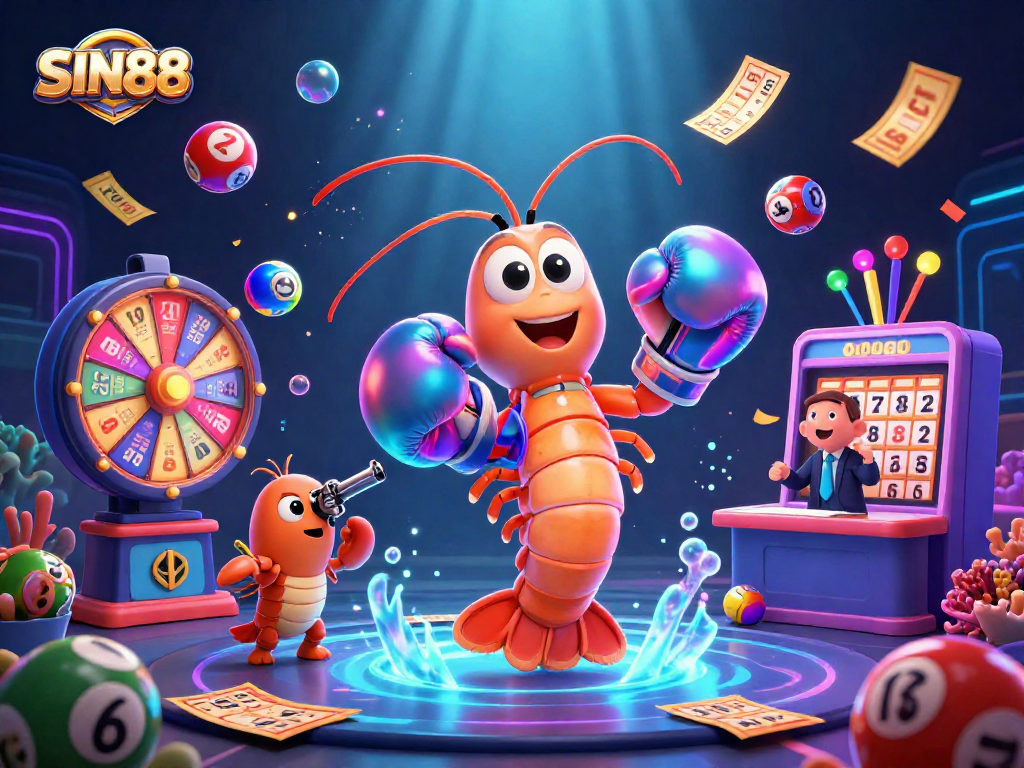 SIN88 showcases a vibrant casino scene with animated underwater characters and lottery elements.