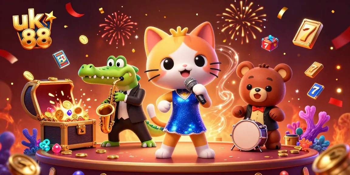 Engage with uk 88 excitement in a lively 3D casino scene featuring singing cat and playful characters.