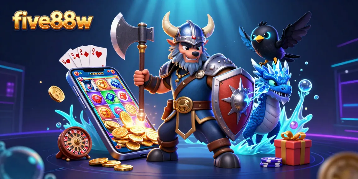 Experience the thrilling action of five88w with a Viking wolf warrior, dragon, and casino elements.
