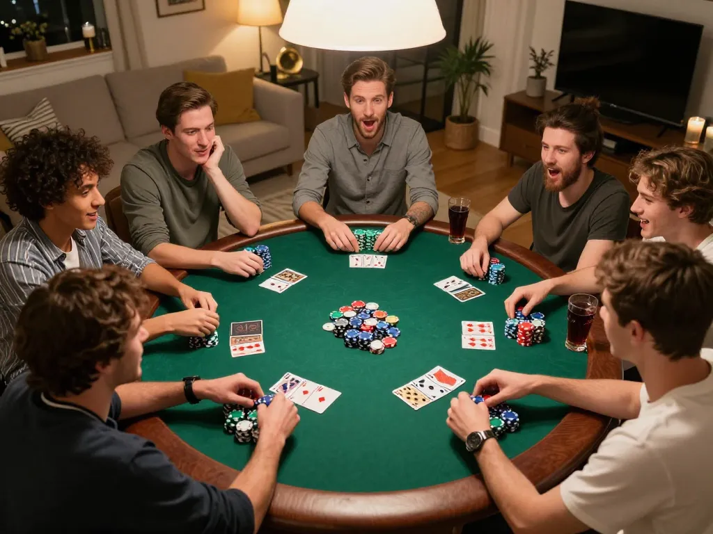 Teman-teman menikmati permainan strategis dengan chip poker rokok 88 di malam poker rumahan yang meriah.