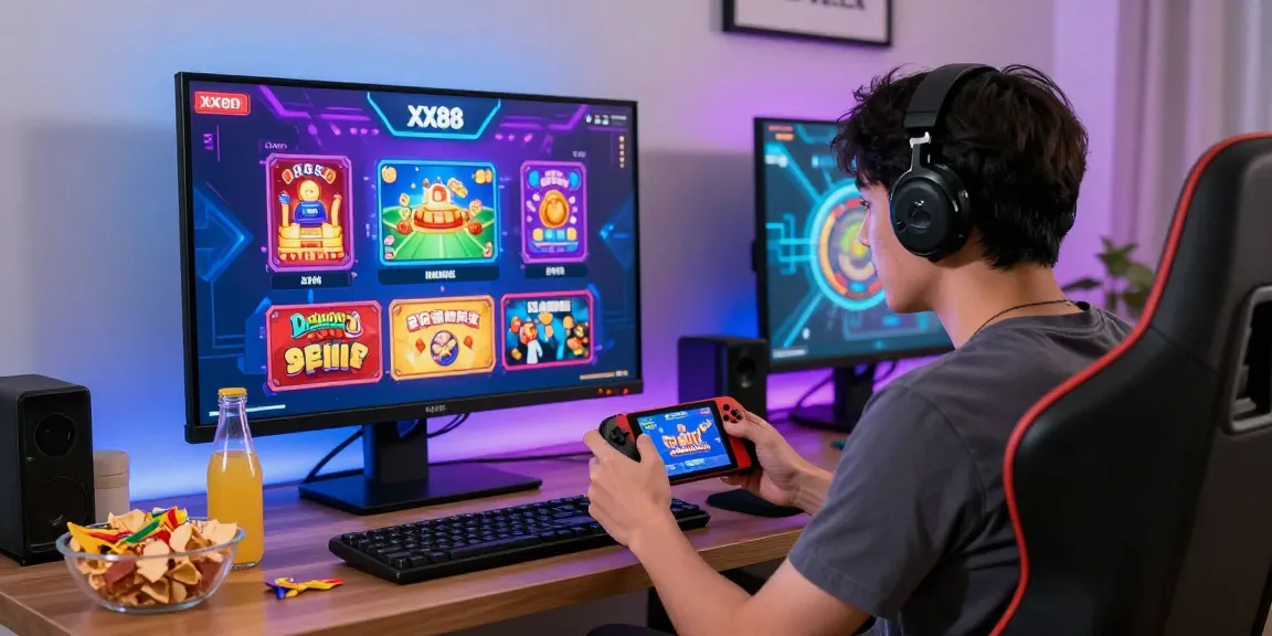 Engaged user on the XX88 gaming platform enjoying vibrant casino games at home.