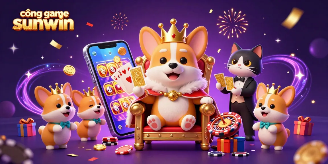 Experience the excitement at cổng game sunwin with a royal corgi amidst casino elements and vibrant visuals.