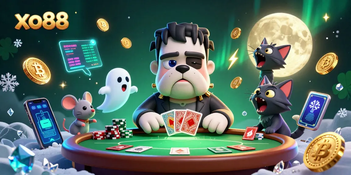 Play cards with the spooky xo88 characters in an immersive 3D casino scene filled with crypto elements.