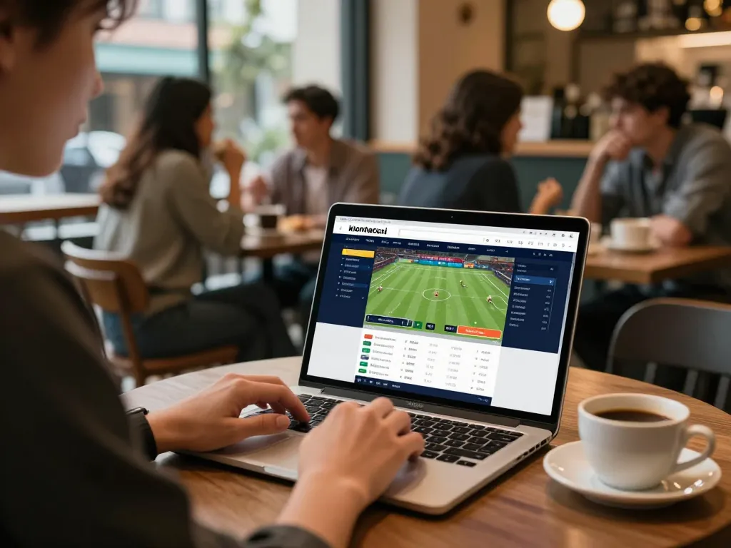 Engaging sports betting scene on keonhacaii website with user analyzing live odds at a café.