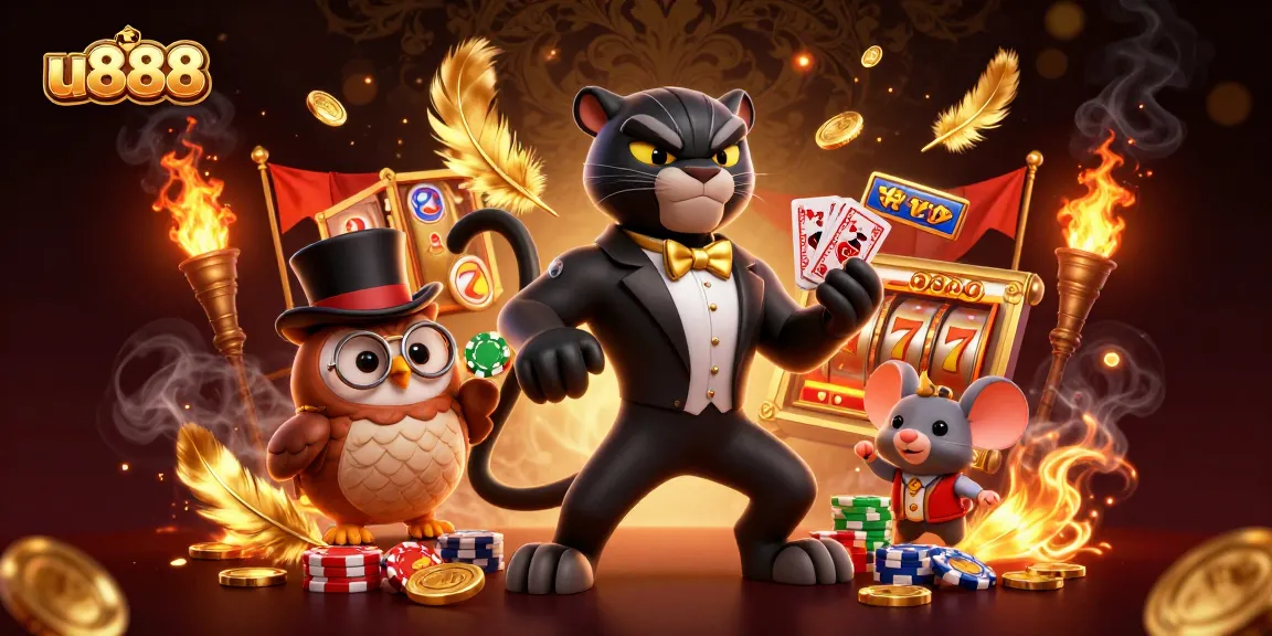 Experience thrilling slots action with u888, featuring vibrant characters in a lively casino setting.