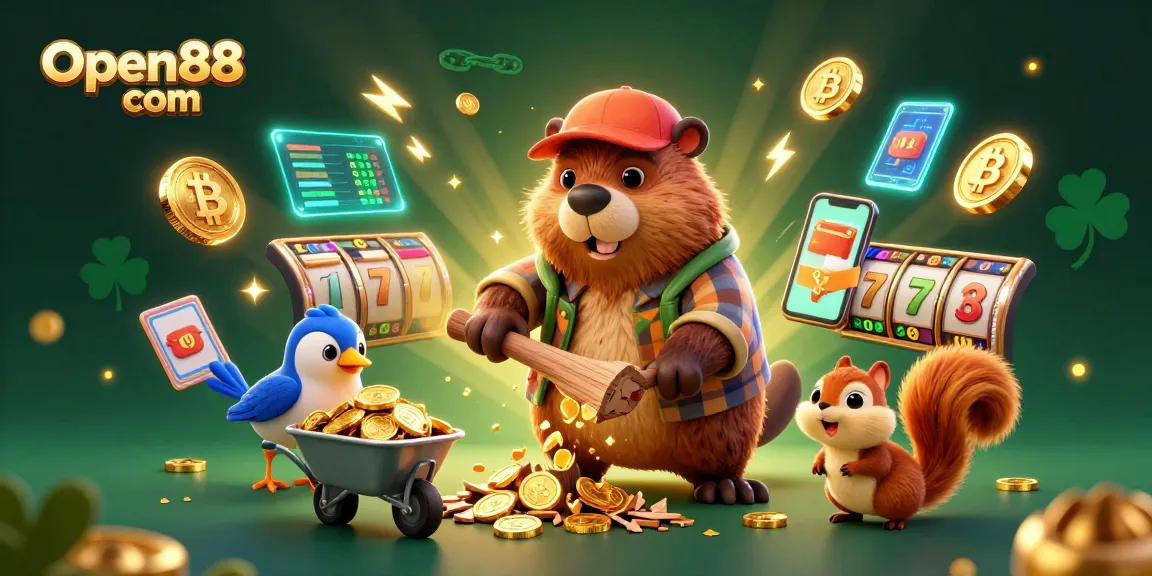 Win big with Open88 com by spinning slot reels next to animated characters collecting gold coins and crypto elements.