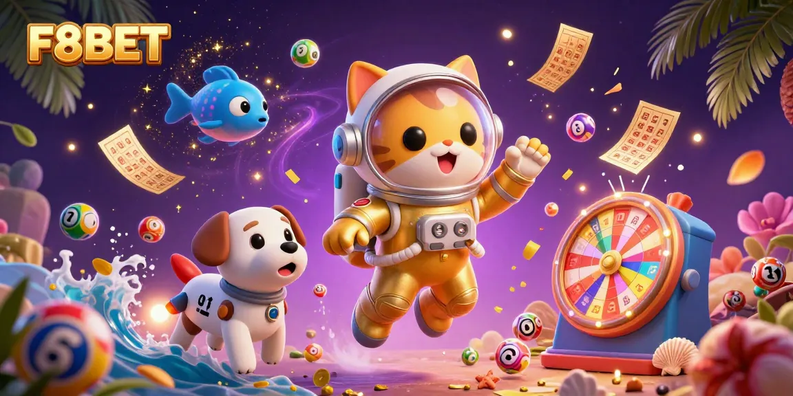 Experience excitement at F8BET with a vibrant 3D scene featuring an astronaut cat, robot dog, and alien fish amidst lottery elements.