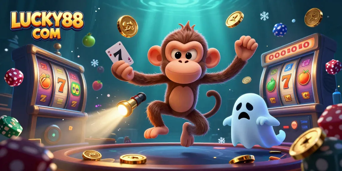 Play exciting slot games at LUCKY88 COM with a whimsical poltergeist monkey and ghost-hunter puppy illustration.