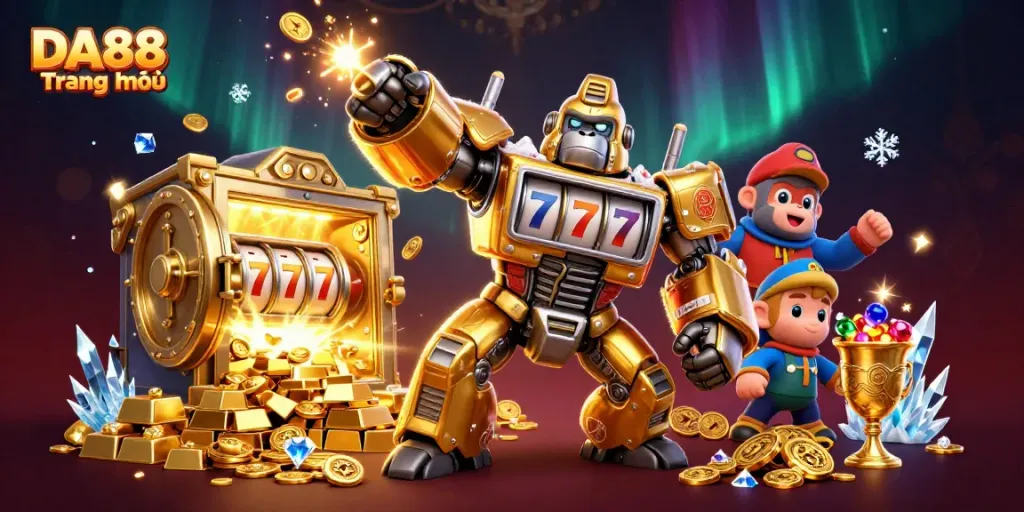 Experience thrilling wins with DA88 Trang chủ featuring a golden gorilla mech and treasure vault.