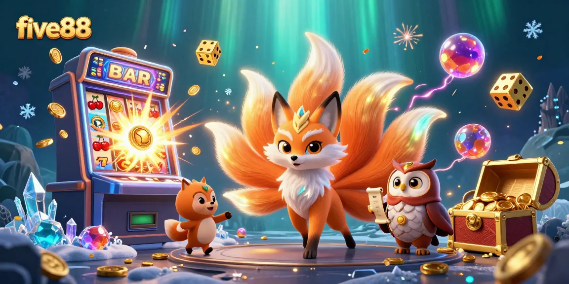 Experience excitement at five88 with a vibrant 3D casino landscape showcasing jackpots and magical characters.