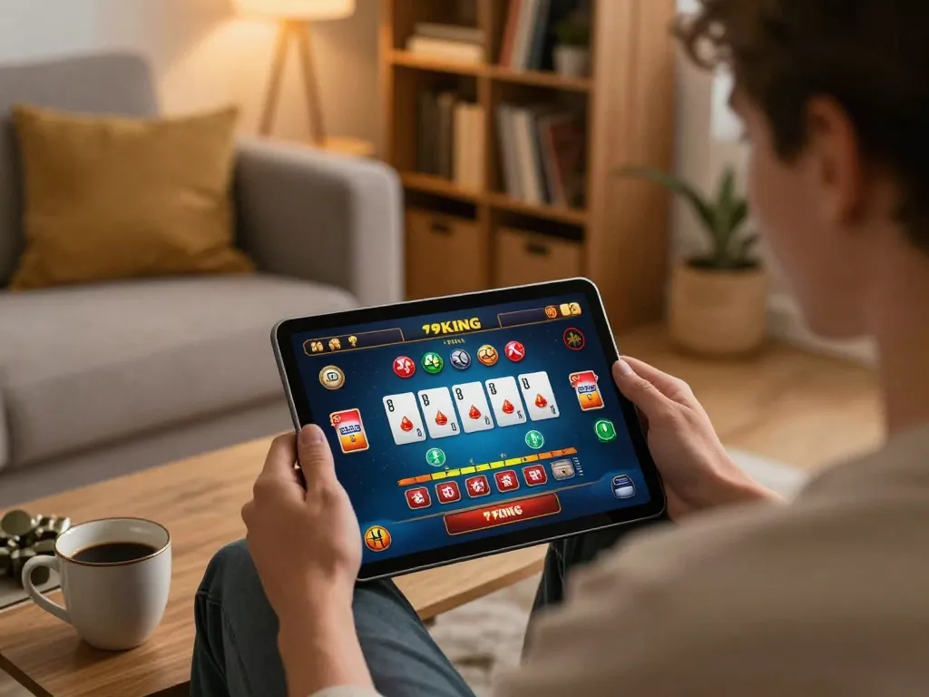 Engaging in 79KING online casino gaming on a tablet in a cozy living room atmosphere.