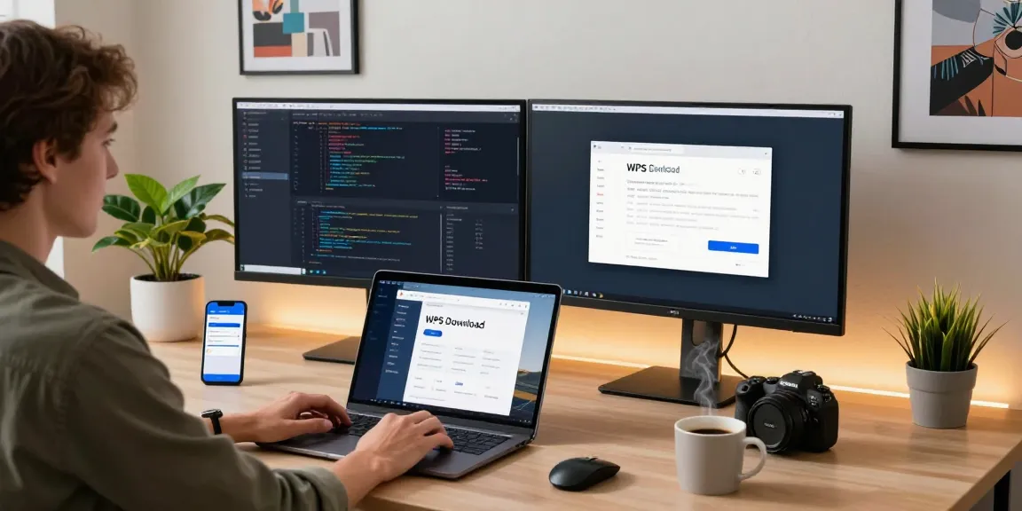 WPS Download page displayed on a sleek laptop in a modern workspace, showcasing productivity tools in use.