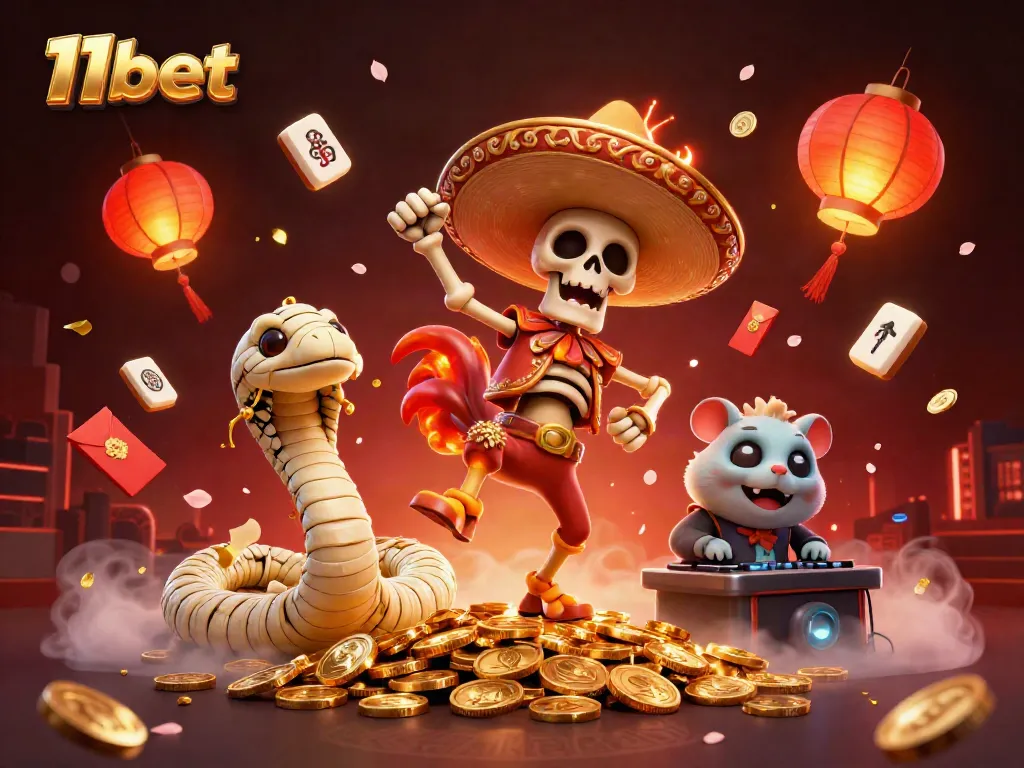 Experience 11bet's thrilling games with vibrant characters dancing on coins and festive elements.