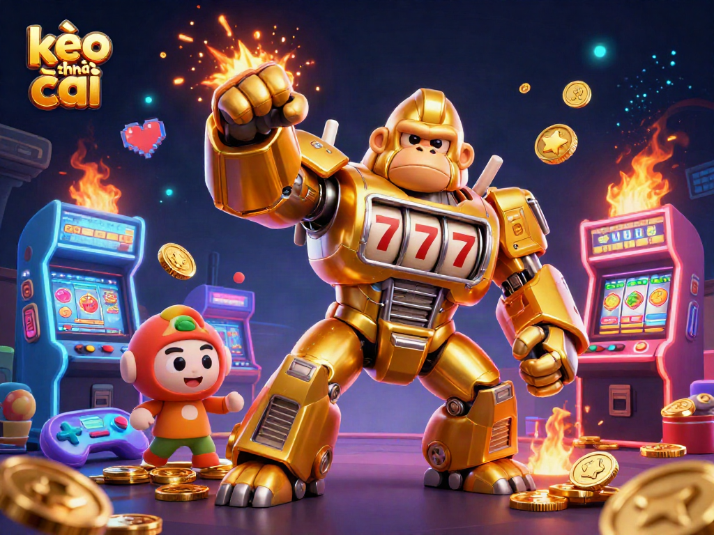 Engage with kèo nhà cái through a vibrant illustration of a golden gorilla mech amidst exciting arcade game elements.