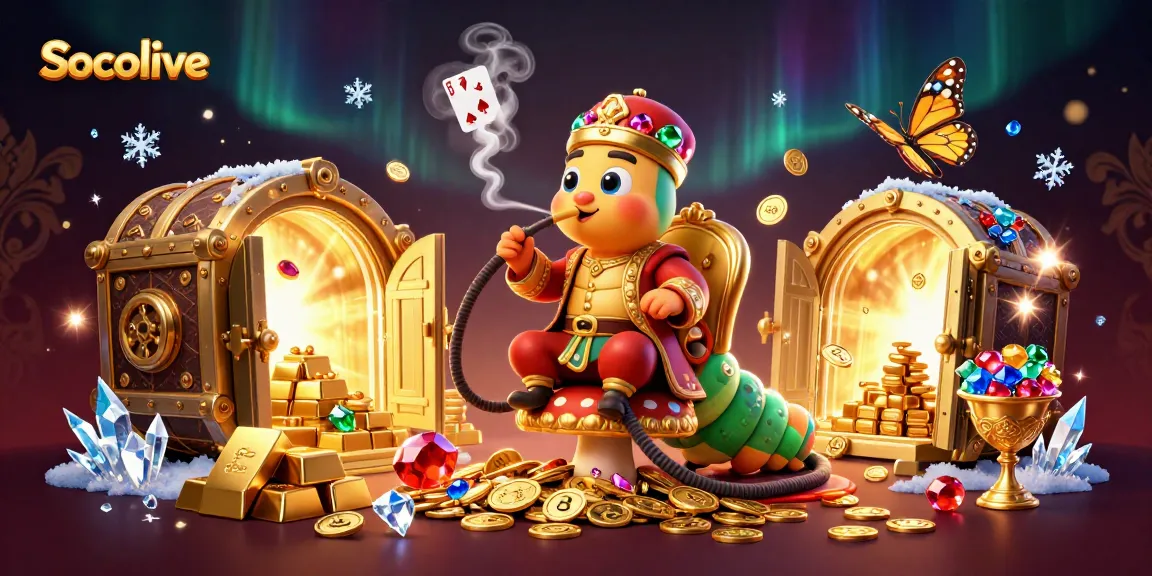 Socolive showcases a vibrant 3D scene of a caterpillar hookah master and treasures in a majestic casino theme.