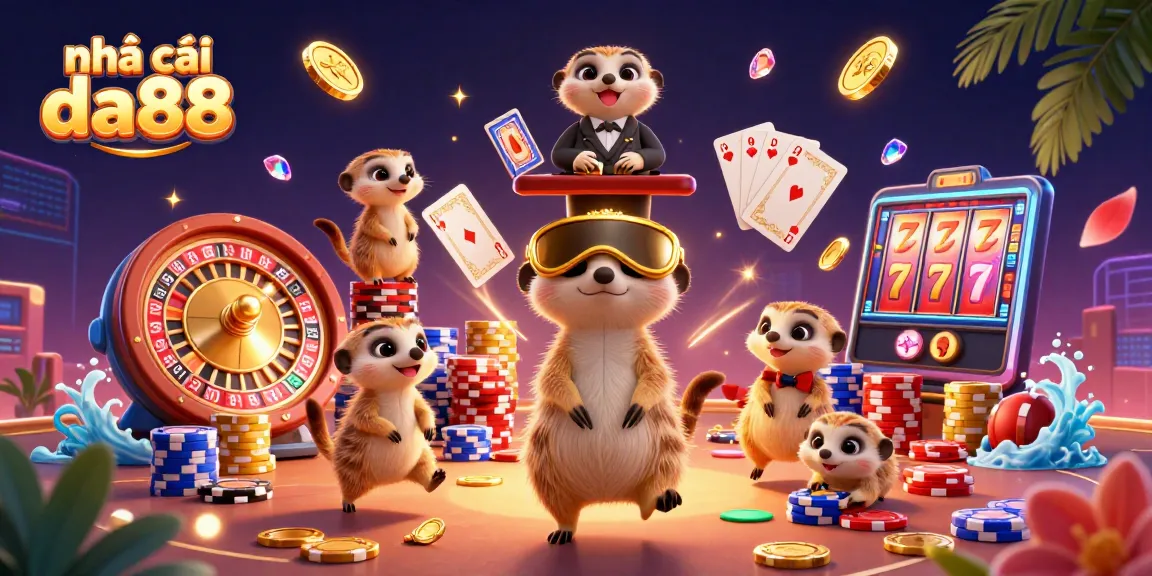 Engaging scene with nhà cái da88 meerkats running a lively casino, showcasing vibrant gaming and lavish elements.