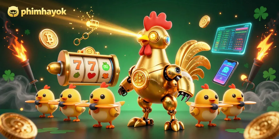 Spin the reels at phimhayok featuring golden rooster robot and crypto coins in a vibrant casino scene.