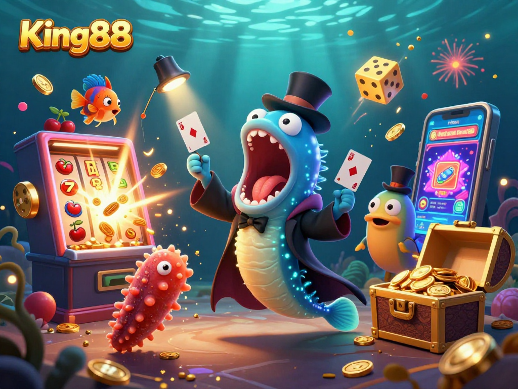 Engage with King88's thrilling casino atmosphere as characters perform magic tricks amidst a vibrant gaming backdrop.