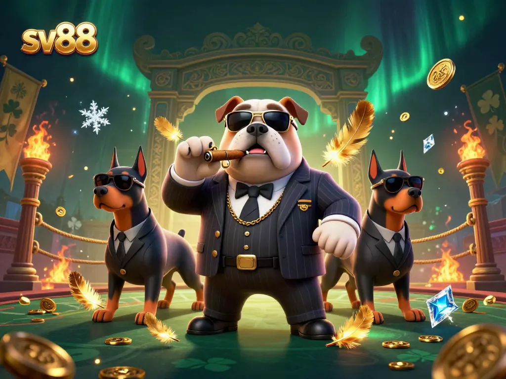 Experience thrilling games at sv88 with a dynamic 3D depiction of gambling excitement, featuring a mafia bulldog and Doberman bodyguards.
