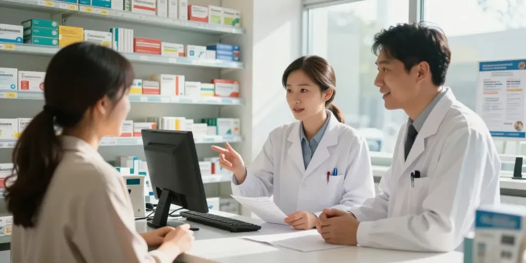 Kupte generickou léčbu v moderní lékárně s profesionálním farmaceutem a zájemcem