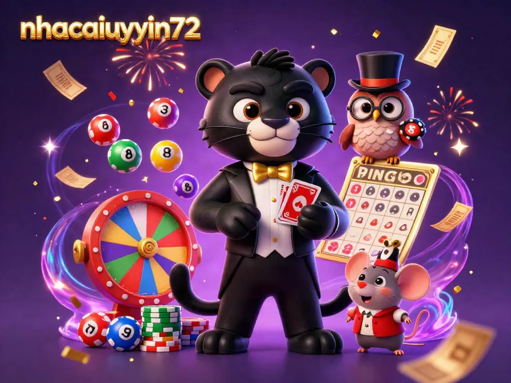 Engagingly showcase nhacaiuytin72 with a stylish panther dealer, owl, and lucky mouse amidst dynamic casino elements.