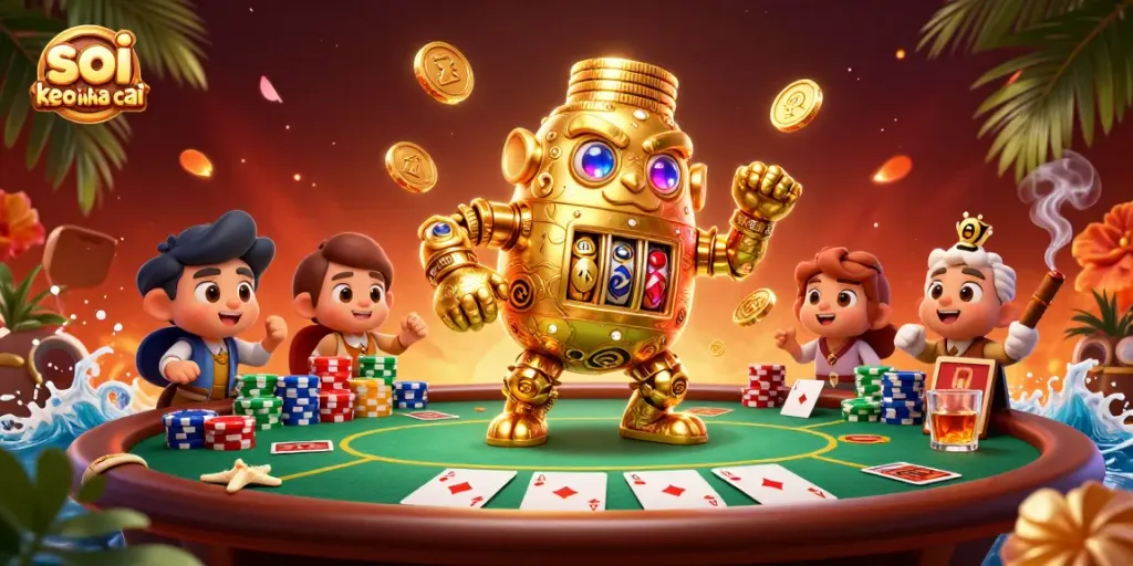 Soi keo nha cai showcases a golden golem and vibrant poker scene with rich details and gambling elements.