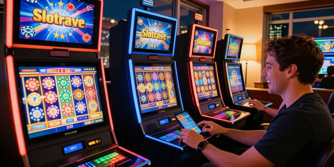 Enthusiastic player enjoying Slotrave online casino experience on mobile device amidst colorful slot graphics and warm home lighting.