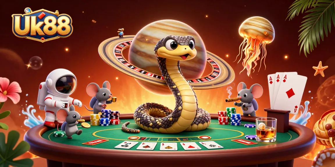 Engage with Uk88's vibrant cosmic baccarat scene featuring animated astronauts betting on roulette.