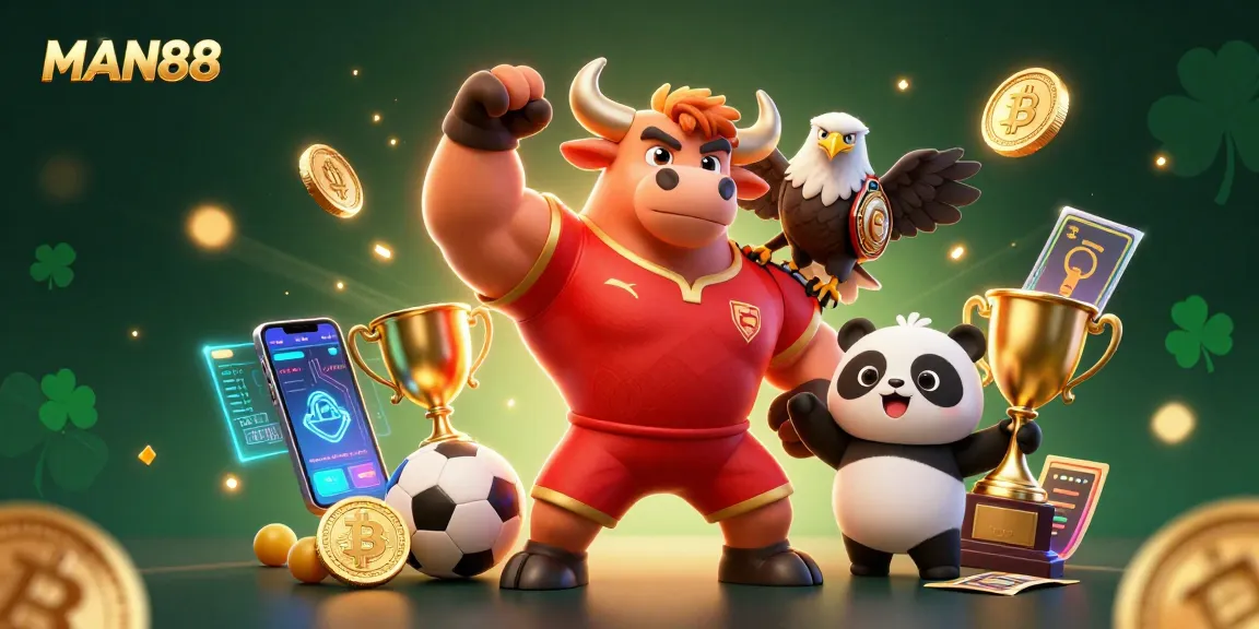 Engage in thrilling betting adventures with MAN88, featuring mascots celebrating sports victories.