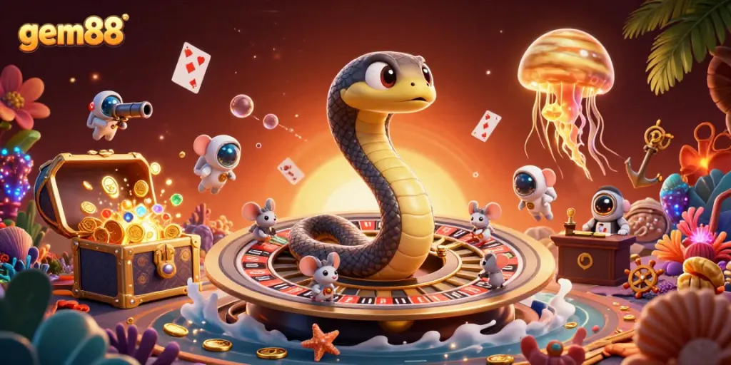 Experience excitement with gem88 as tiny astronaut mice bet on a vibrant roulette wheel in this immersive casino scene.