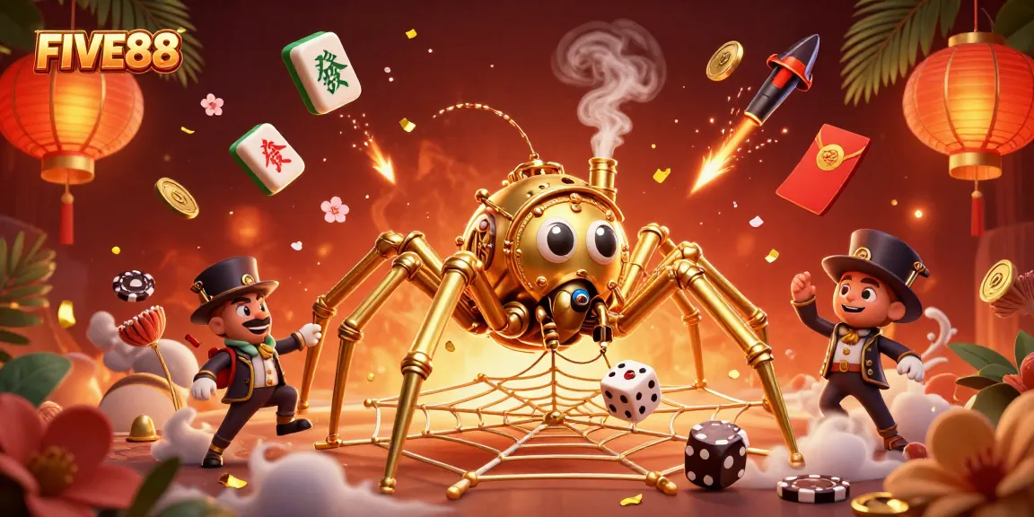 Engage with the captivating scene of FIVE88, showcasing a steampunk spider webs and poker elements.