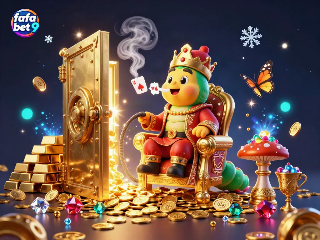 Experience the excitement of fafa bet 9 with a vibrant illustration of a caterpillar hookah-master amidst treasure and poker symbols.