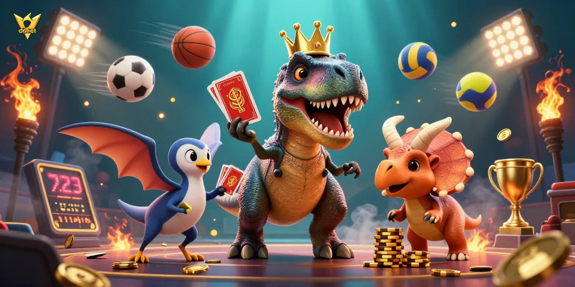 Dabet's playful T-Rex shuffling cards with a pterodactyl assistant, creating dynamic casino energy.
