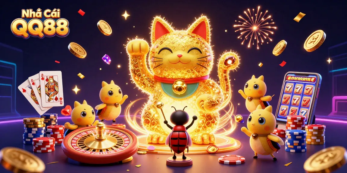 Experience thrilling wins at Nhà Cái QQ88 with dynamic casino games featuring a vibrant lucky cat.
