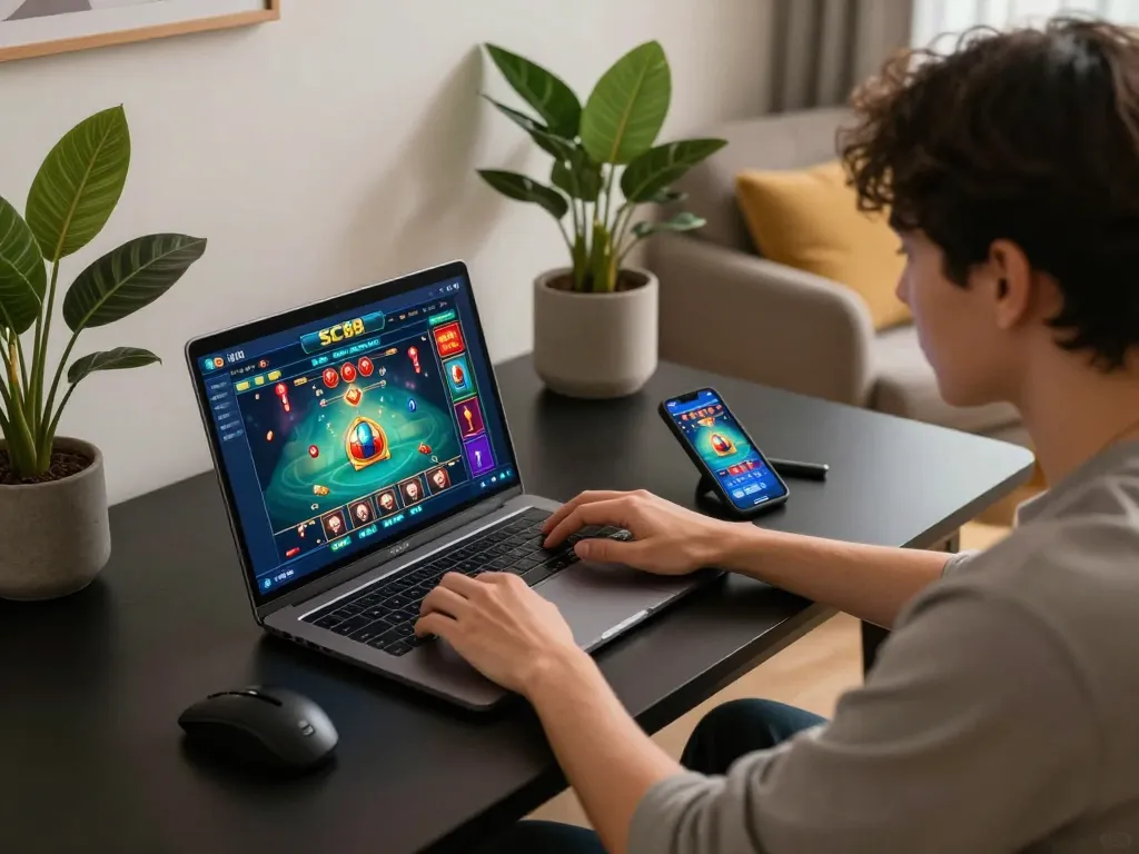 Engaging with SC88 online casino game on a modern gaming setup for strategic play.