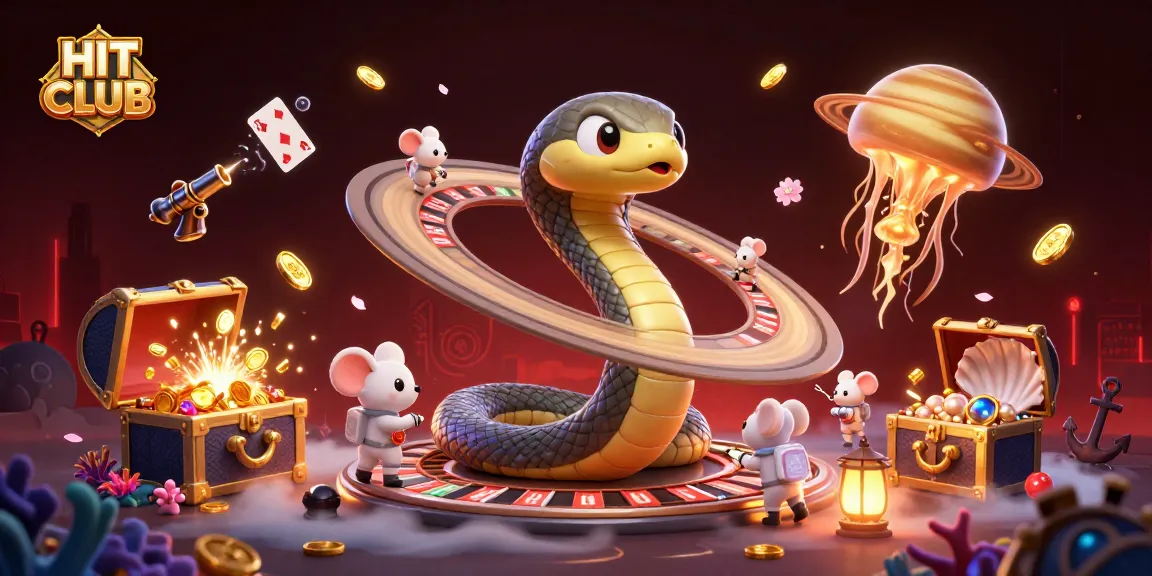 The HIT CLUB logo highlights a colorful 3D scene of a snake roulette wheel and cosmic dealer with vibrant game elements.