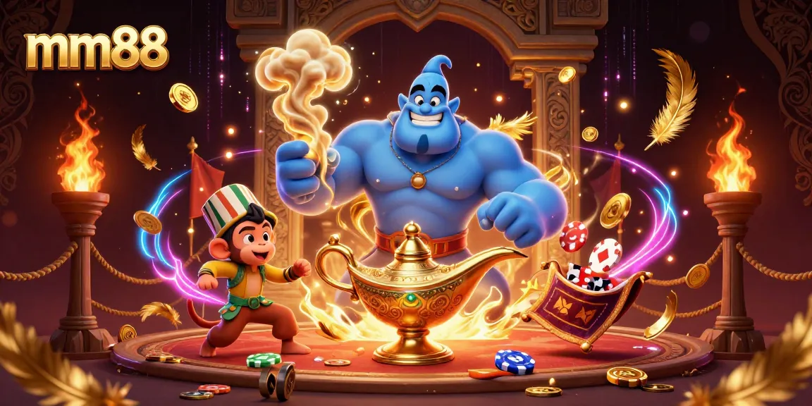 Engage with mm88's thrilling gambling experience featuring a genie, monkey, and magic carpet.