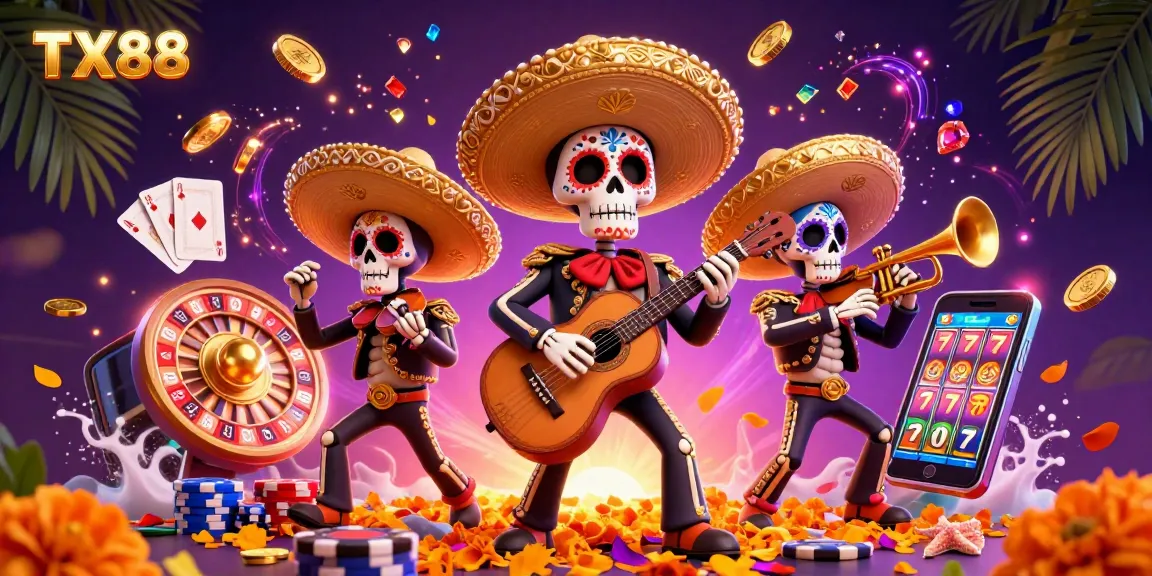 Experience the excitement of TX88 with a vibrant Dia de los Muertos mariachi band amidst a whirlwind of casino treasures.