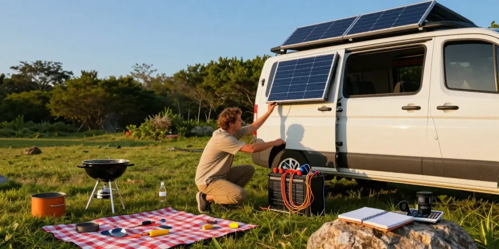 Adjusting solar panels on campervan during sunny day with rokok88 adventure spirit.