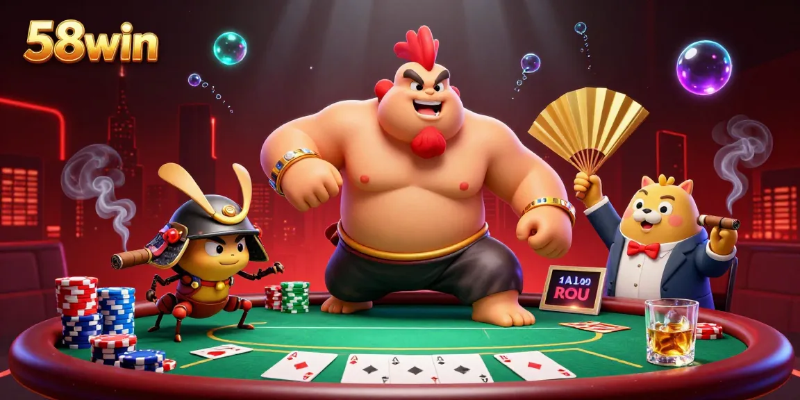 Experience the thrilling energy of 58win with dynamic gaming elements surrounding a sumo wrestler and samurai cricket in this vibrant casino scene.