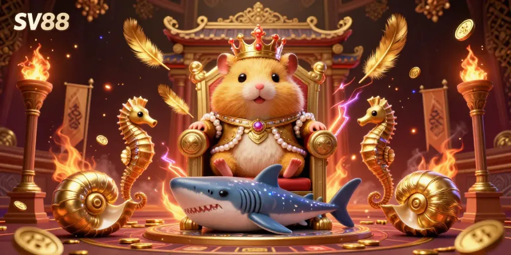 Join the thrilling adventure at SV88 with a powerful golden hamster king and royal guards in a vibrant casino.