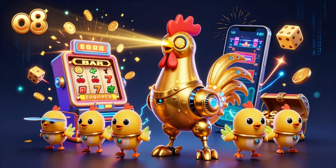 Engage with exciting jackpots at o8, featuring a dynamic golden rooster robot illustration.