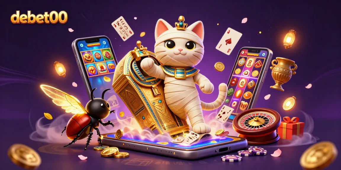 Experience the excitement of debet00 with a vibrant 3D casino scene featuring a mummy cat and scarab beetle.