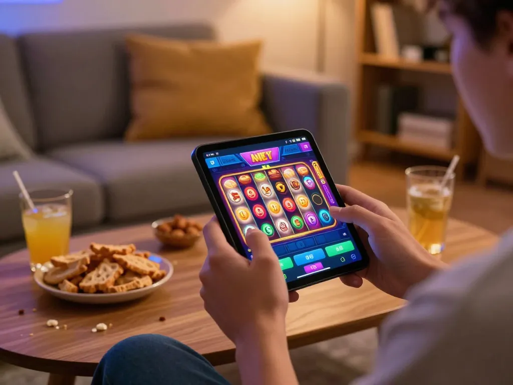 Spin the reels on jus77's vibrant slot app while enjoying a cozy home setting