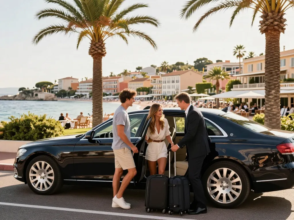 Service Taxi St Tropez avec un chauffeur professionnel aidant les voyageurs dans une berline de luxe avec en toile de fond un paysage côtier.