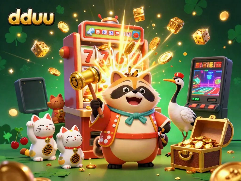 Experience the excitement of dduu with a vibrant 3D scene featuring a lucky tanuki, slot machines, and fortune cats.