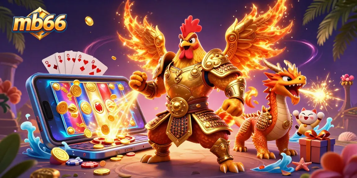 Engaging scene of mb66 featuring a rooster warrior and dragon hatchling in a vibrant casino setting with dynamic game elements.
