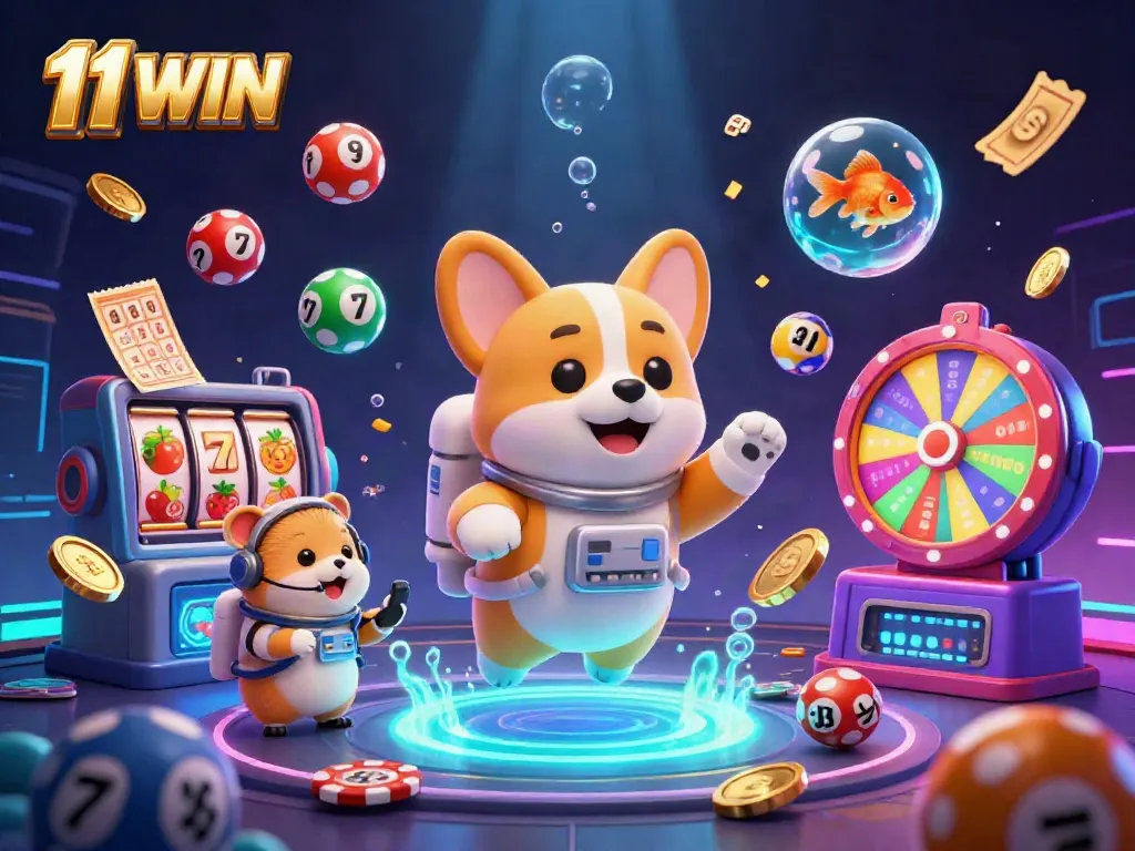 Engage in thrilling online gameplay with 11 WIN, featuring an astronaut corgi and casino elements.