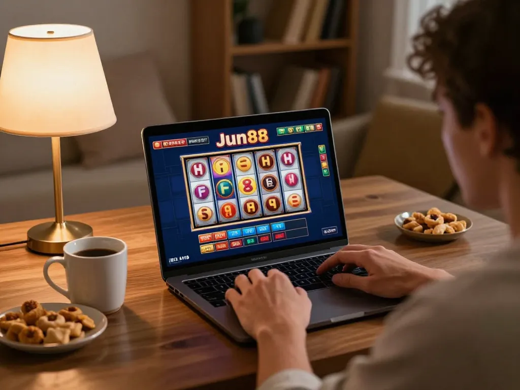 Engaging in online gambling at Jun88, spinning slots from the comfort of home.